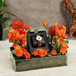 Beautiful Gift Arrangment Of Fresh Flowers With Golden Versus Versace Watch For Her