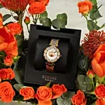 Beautiful Gift Arrangment Of Fresh Flowers With Golden Versus Versace Watch For Her