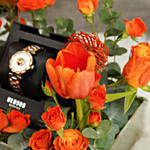 Beautiful Gift Arrangment Of Fresh Flowers With Golden Versus Versace Watch For Her