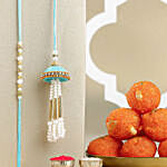 Tranquil Teal Jhumar Bhaiya Bhabhi Pearl Rakhi Set N Ladoo Combo