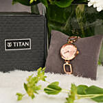 Titan Raga Rose Gold Dial Watch for Her Elegant Gift in a Glass Vase With Flowers