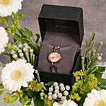 Titan Raga Rose Gold Dial Watch for Her Elegant Gift in a Glass Vase With Flowers