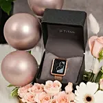 Titan Wander black Mother of pearl strap watch gift arrangment for her