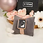 Titan Wander black Mother of pearl strap watch gift arrangment for her