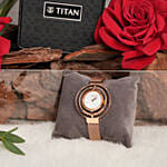 Titan Raga Delight Mother Of Pearl Dial Analog Strap Watch For Her Gift Tray Arranged With Flowers