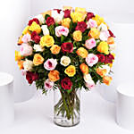 Bunch of 100 Mixed Roses In Glass Vase