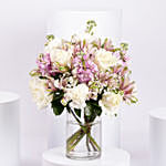 White and Pink Floral Bunch In Glass Vase