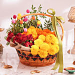 Marigold Flowers Basket With Roses