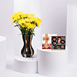 Yellow Chrysanthemums in Premium Vase With Chocolate