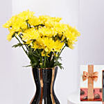 Yellow Chrysanthemums in Premium Vase With Chocolate