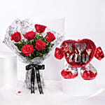 Bouquet of 6 Red Roses With Hugging Heart for Valentines