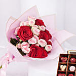 Elegant Duo Of Roses Valentines Bouquet With Chocolate