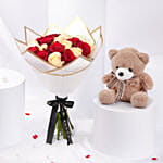 Elegant Duo Of Roses Valentines Bouquet With Teddy Bear