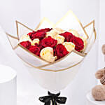 Elegant Duo Of Roses Valentines Bouquet With Teddy Bear