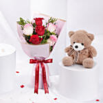 Pink and Red Roses Beauty Bouquet With Teddy Bear For Valentines