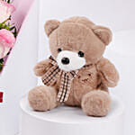 Pink and Red Roses Beauty Bouquet With Teddy Bear For Valentines