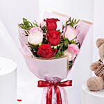 Pink and Red Roses Beauty Bouquet With Teddy Bear For Valentines