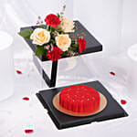 Heartfelt Bliss Valentines Cake And Flowers Box