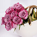 Purple Roses in Ceramic Bag Vase