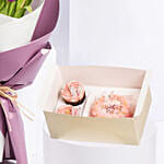 Purple Tulips In Bouquet With Bento Cake and Cup Cakes