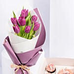 Purple Tulips In Bouquet With Bento Cake and Cup Cakes