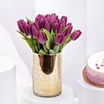 Purple Tulips In Gold Vase With Chocolate Cake