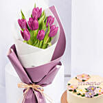 Purple Tulips In Bouquet With Chocolate Cake