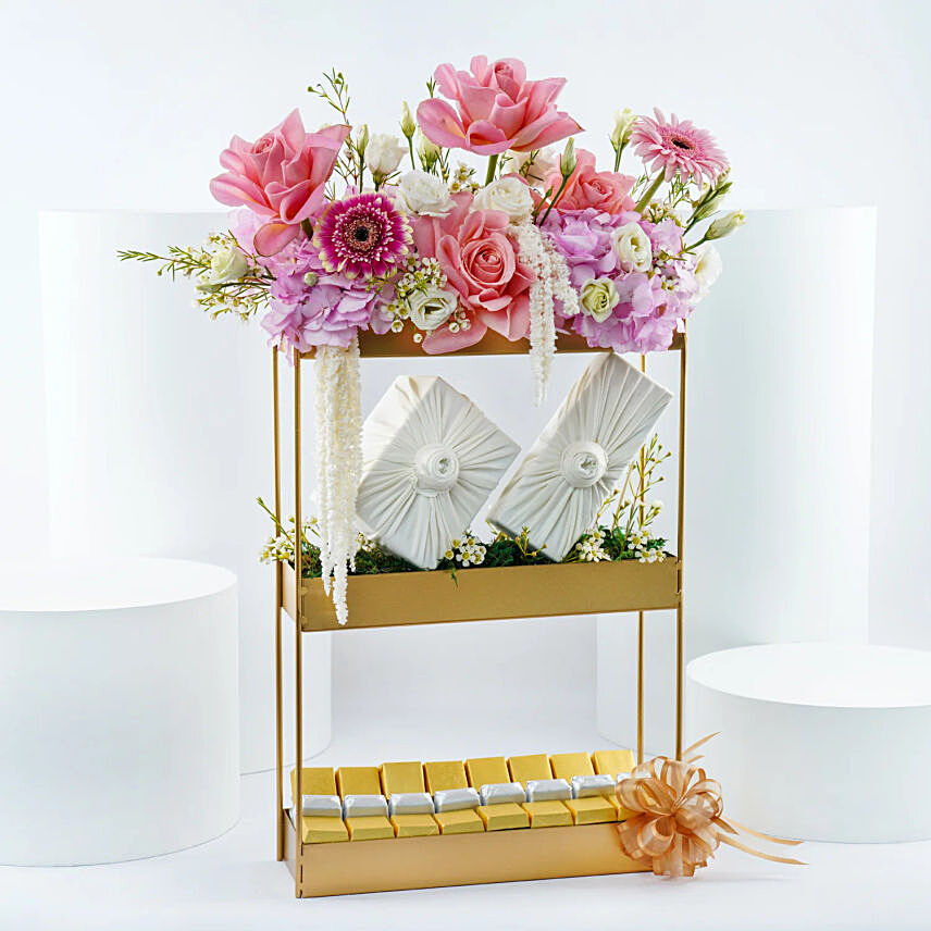 Luxurious Floral Stand With Dior Collection & Chocolates Combo