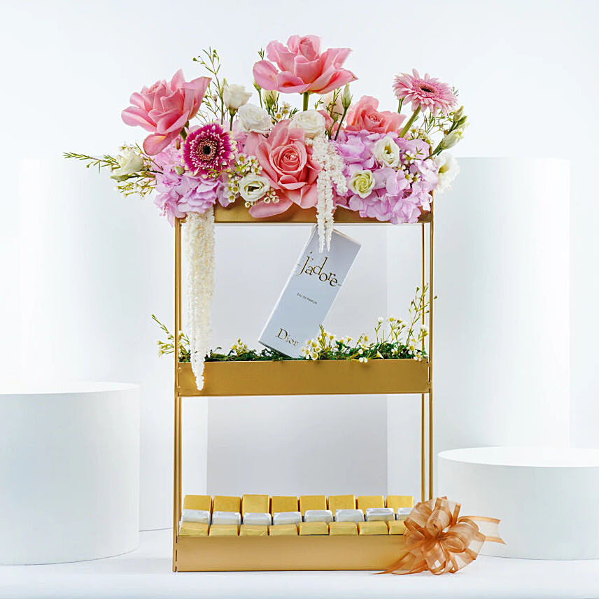 Luxurious Floral Stand With Dior Perfume N Chocolates Combo