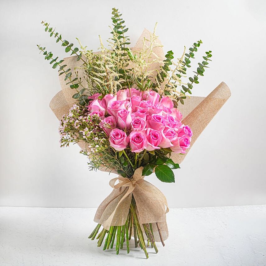 25 Pink Roses Bouquet With Eucalyptus