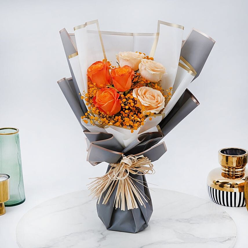 6 Orange Roses Bouquet In Nice Wrapper