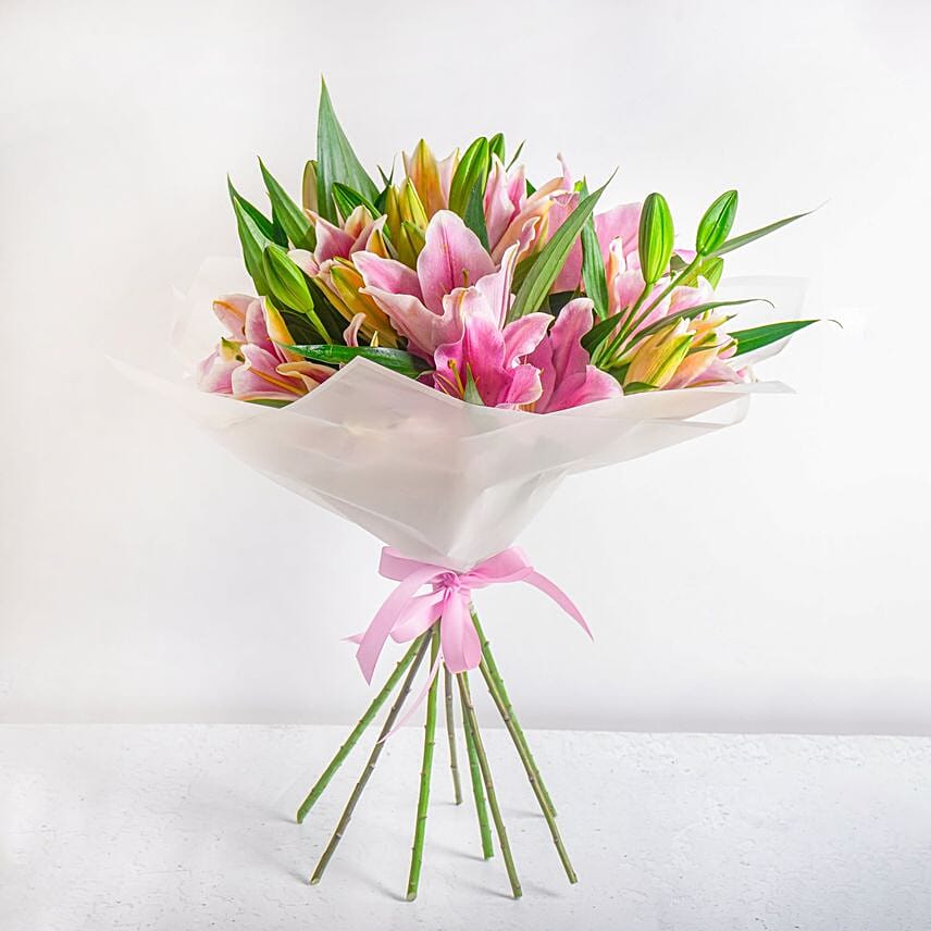 Pink Lily Bouquet In White Wrapping