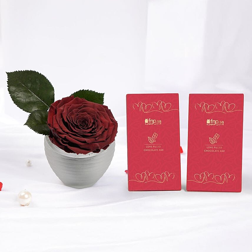 Red Preserved Rose N Chocolate Bars Valentine Combo