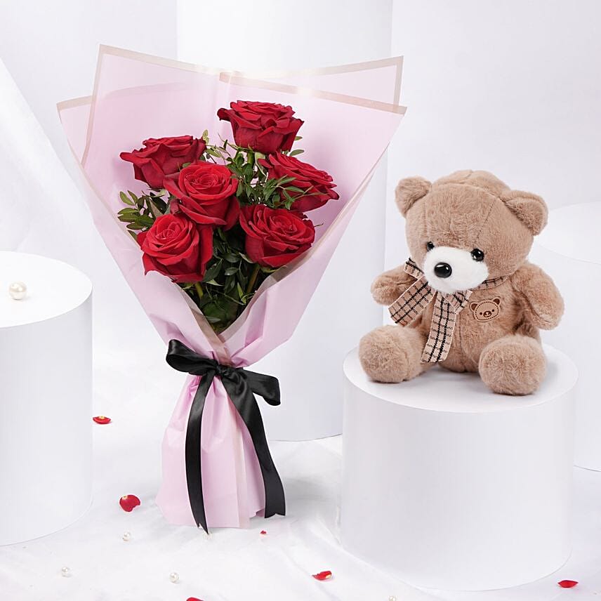 Red Rose Bouquet N Teddy Bear Valentine Combo