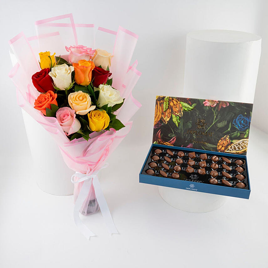 Diplomatic Caramel Chocolate Box N Colorful Rose Bouquet