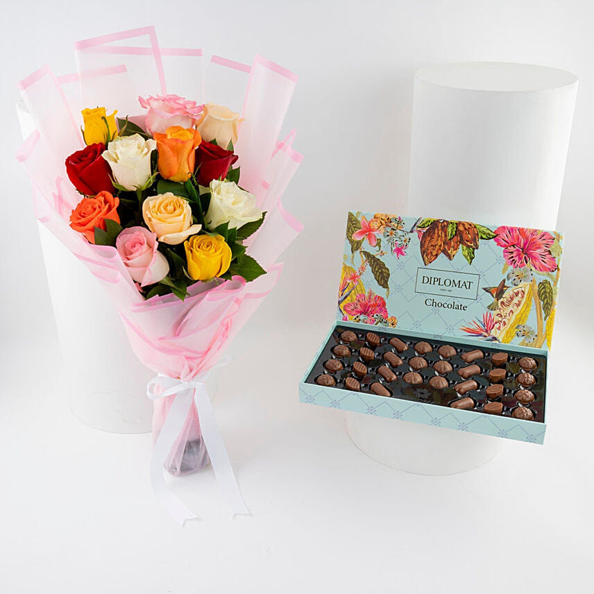 Diplomatic Chocolate Box N Colorful Rose Bouquet