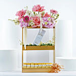 Luxurious Floral Stand With Dior Perfume N Chocolates Combo