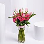 Elegant Pink Tulip And Baby Rose Bouquet In Vase