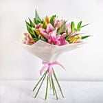 Pink Lily Bouquet In White Wrapping