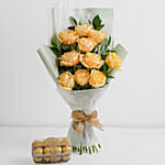 Nice Peach Roses Bouquet And Ferrero Rocher