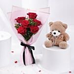 Red Rose Bouquet N Teddy Bear Valentine Combo