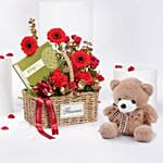 Valentine Flower Basket With Chocolate N Teddy Bear