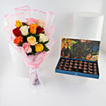 Diplomatic Caramel Chocolate Box N Colorful Rose Bouquet