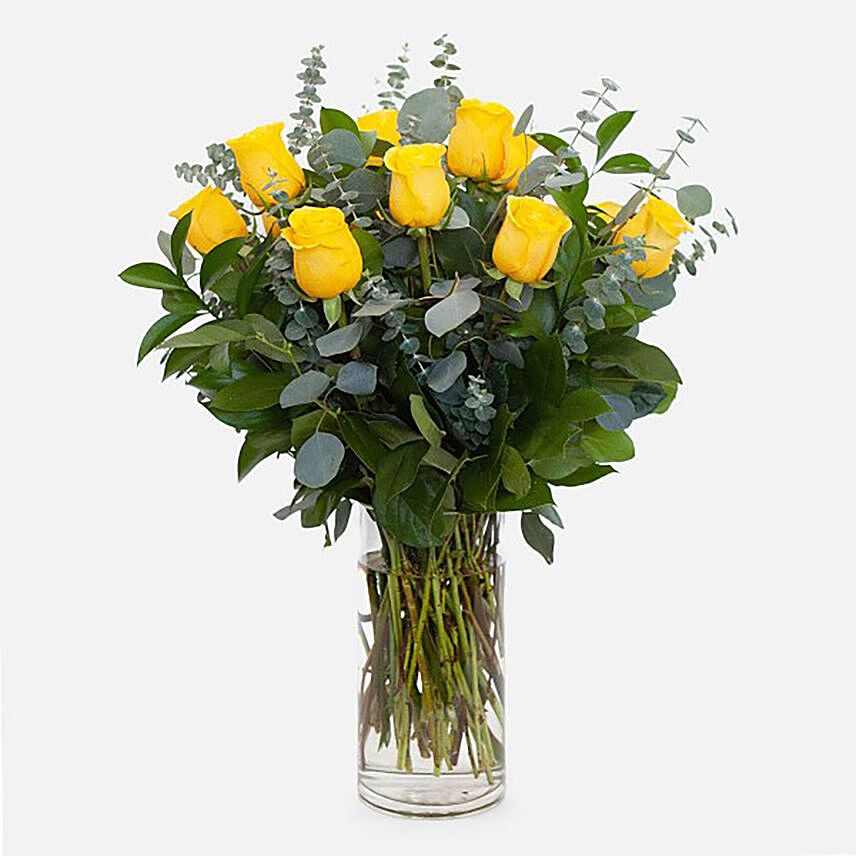 Yellow Roses Glass Vase Arrangement