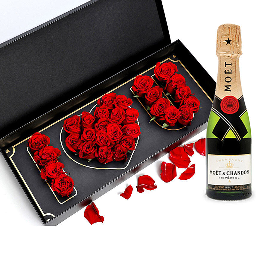 Box Of I Love You Roses With Mini Moet Champagne 200 Ml For Valentines Day