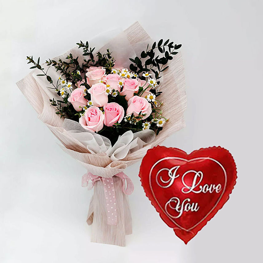 Titanic Rose Chamomile Love Bouquet With I Love You Balloon For Valentines