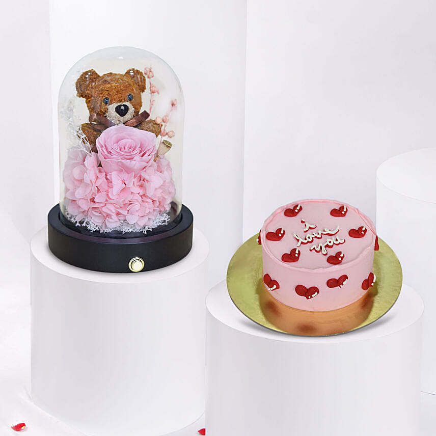 Forever Rose & teddy Dome with Cake