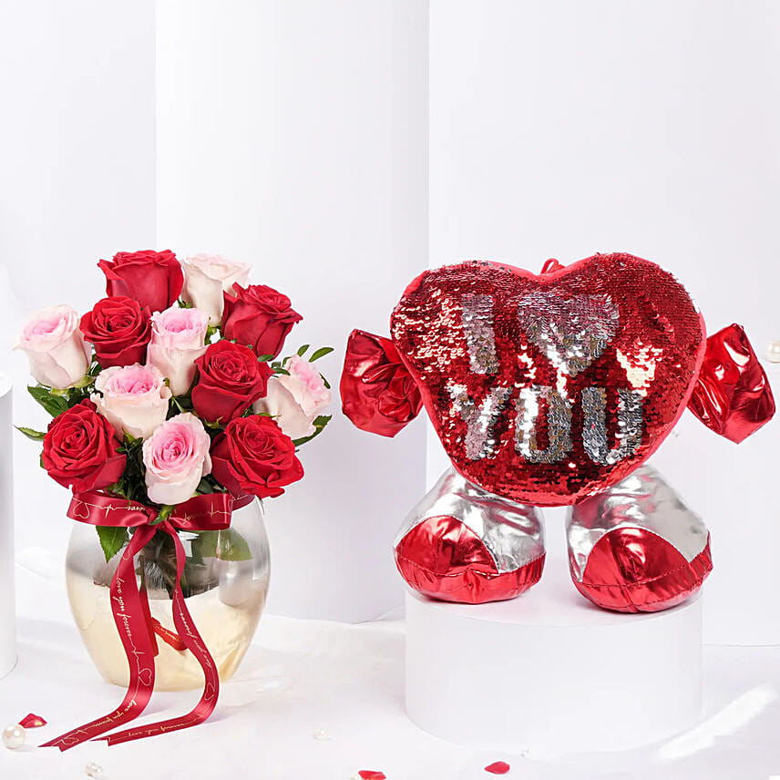 Luxury Valentine Rose Arrangement & Heart Cushion