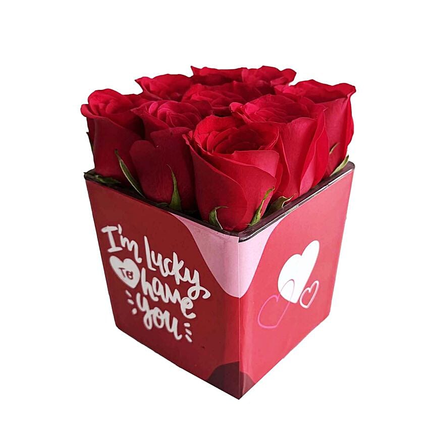 Red Roses In Lucky To Have You Glass Vase