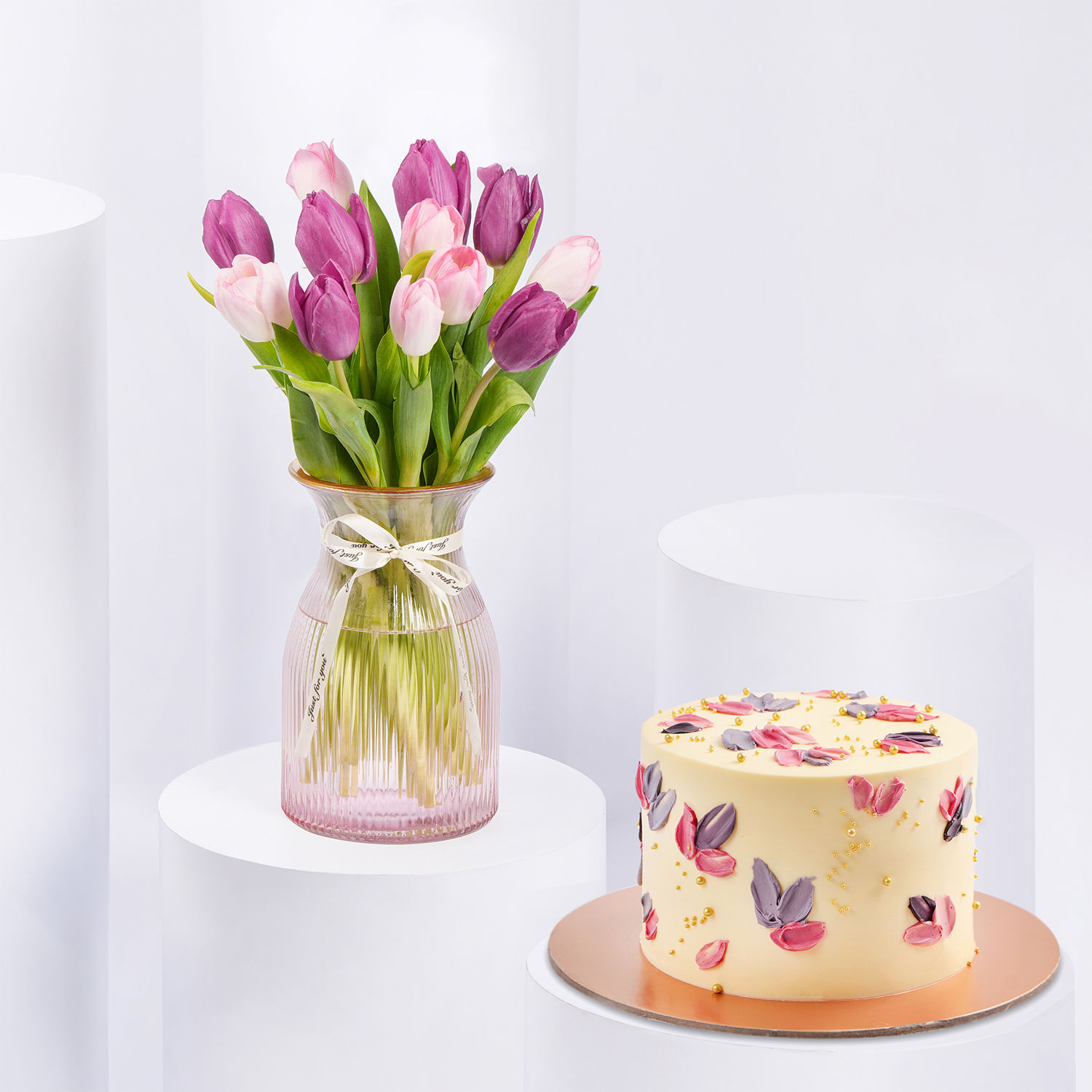 Online Purple and Pink Tulips in Glass Vase and Cake Gift Delivery in ...